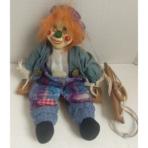 Clown Puppet On A Swing With Strings Figurine Doll 7" Collector - Picture 1 of 7